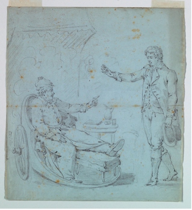 Robinson Crusoe greets his father who reclines in a wheelchair, 1810